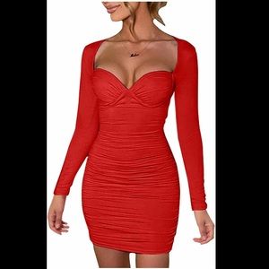 Valentine’s christmas Sexy Long Sleeves Ruched Low Collar Bodycon Mini Dress Red